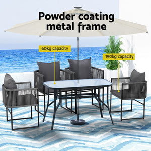 Outdoor Rope Dining Set 5pc | Table + 4 Chairs | Patio | Black