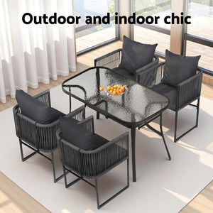 Outdoor Rope Dining Set 5pc | Table + 4 Chairs | Patio | Black