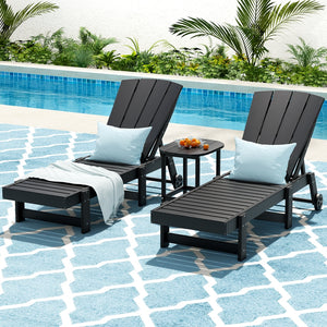 Sun Lounge Set | Lounger Table & Chairs | HDPE Patio Furniture with Wheels | Black