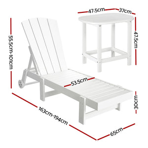 Sun Lounge Set | Lounger Table & Chairs | HDPE Adirondack Patio Furniture with Wheels | White