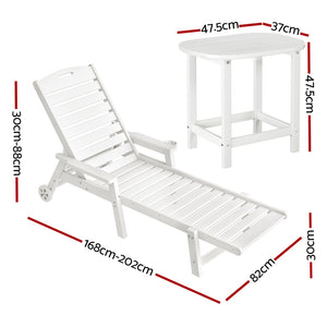 Sun Lounge Chair | HDPE Outdoor Beach Lounger | Patio Furniture with Wheels | White