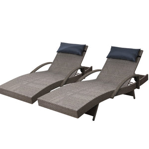 2x Sun Lounge | Wicker Lounger | Outdoor Furniture | Beach Armchair | Adjustable | Grey & Beige