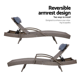 2x Sun Lounge | Wicker Lounger | Outdoor Furniture | Beach Armchair | Adjustable | Grey & Beige