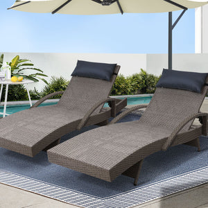 2x Sun Lounge | Wicker Lounger | Outdoor Furniture | Beach Armchair | Adjustable | Grey & Beige