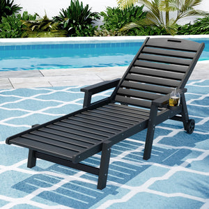 Sun Lounge Chair | HDPE Outdoor Beach Lounger | Patio Furniture with Wheels | Black