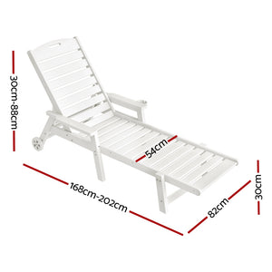 Sun Lounge Chair | HDPE Outdoor Beach Lounger | Patio Furniture with Wheels | White