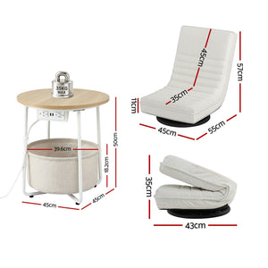 Artiss Floor Lounge & Round Coffee Table Side End Table with Charging Station Set