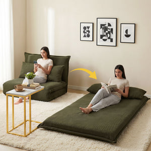 Floor Lounge & Side Table Set | Green Folding Chaise Chair & Marble Look Table