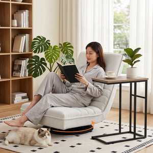 Floor Lounge & Side Table Set | Swivel Linen Chair & C-Shaped Table | White