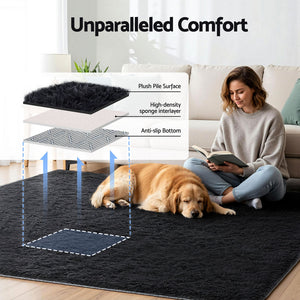 Plush Shag Rug | 200x230cm | Soft Pile Carpet | Black
