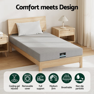 Bedding Memory Foam Mattress 15cm | Cool Gel Charcoal | 7-Zone Support | Bamboo Cover | King Single Size