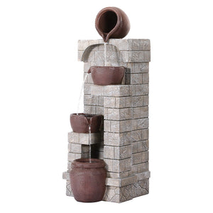 Solar Fountain Water Feature | Pot | Outdoor Indoor | 4-Tier Cascading | Brown