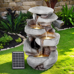 Solar Fountain Water Feature | Outdoor Indoor | 4-Tier | Brown