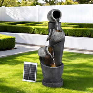 Solar Fountain | 3-Tier Pot Cascade | LED Lights | 80cm | Grey