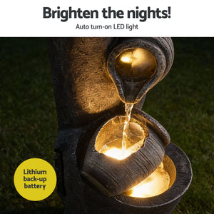 Solar Fountain | 3-Tier Pot Cascade | LED Lights | 80cm | Grey
