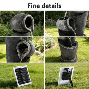 Solar Fountain | 3-Tier Pot Cascade | LED Lights | 80cm | Grey
