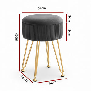 Velvet Storage Ottoman | Round Foot Stool | Grey