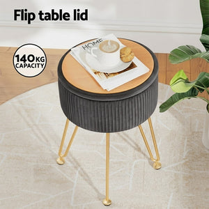 Velvet Storage Ottoman | Round Foot Stool | Grey