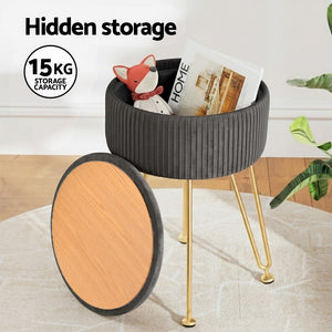 Velvet Storage Ottoman | Round Foot Stool | Grey