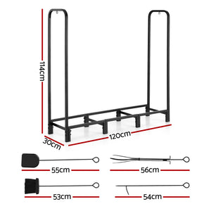 Firewood Rack | 120cm | Log Storage Stand + Tools | Black