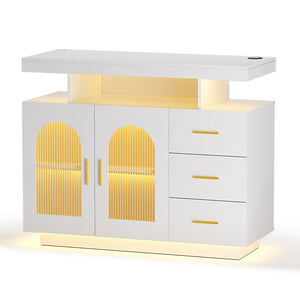 Buffet Sideboard Cabinet | LED Clear Doors | Kitchen Storage | Drawers | White