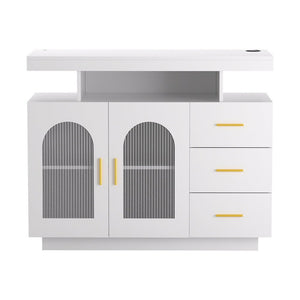 Buffet Sideboard Cabinet | LED Clear Doors | Kitchen Storage | Drawers | White