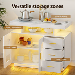 Buffet Sideboard Cabinet | LED Clear Doors | Kitchen Storage | Drawers | White