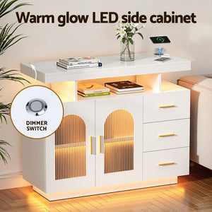 Buffet Sideboard Cabinet | LED Clear Doors | Kitchen Storage | Drawers | White