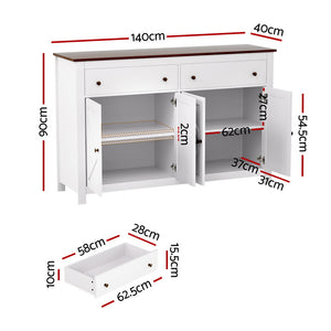 Kitchen Buffet Sideboard | 140cm | Storage Cabinet | 2 Drawers | White