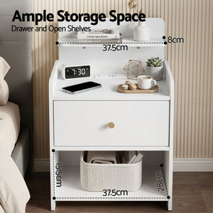 Bedside Table | Single Drawer Nightstand with Charging Station | White