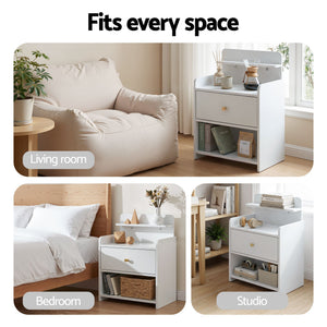 Bedside Table | Single Drawer Nightstand with Charging Station | White