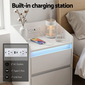LED Nightstand | Charging Station & 2 Drawers | White