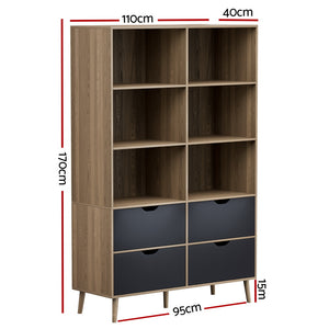 Artiss Bookshelf with 4 Drawers | MITZI | Oak and Blue
