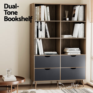 Artiss Bookshelf with 4 Drawers | MITZI | Oak and Blue