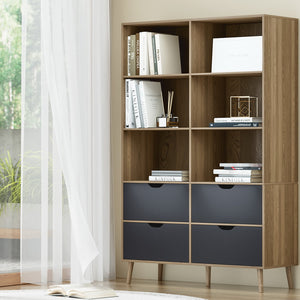 Artiss Bookshelf with 4 Drawers | MITZI | Oak and Blue