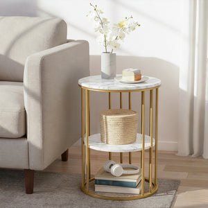 Coffee Table | 2 Tier Round | Marble Effect Top | White & Gold