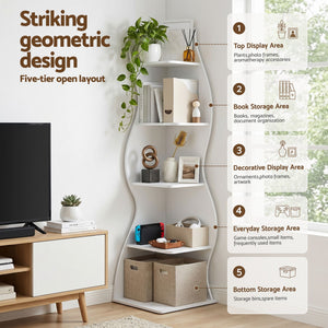 Corner Bookshelf | 5-Tier S-Shaped Storage Rack | White