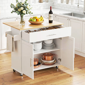 Kitchen Island Trolley | Rolling Serving Cart with Storage Drawers | 90cm White
