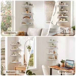 Corner Floating Wall Shelves | 4 Piece Set | Round Edge Display Shelves | White
