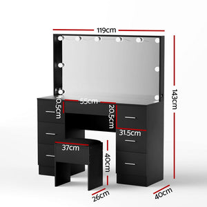 Vanity Desk + Stool | 10 LED Bulbs | Black Finish