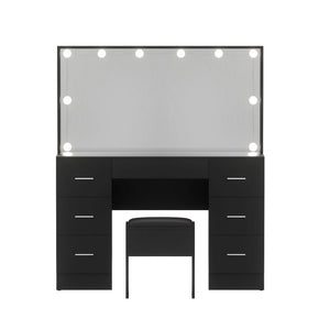 Vanity Desk + Stool | 10 LED Bulbs | Black Finish