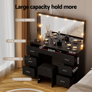 Vanity Desk + Stool | 10 LED Bulbs | Black Finish