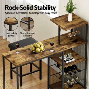 Artiss Bar Table | Industrial | Wine Rack + Cup Holder | Multi-Level Storage | 122cm | Walnut