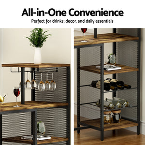 Artiss Bar Table | Industrial | Wine Rack + Cup Holder | Multi-Level Storage | 122cm | Walnut