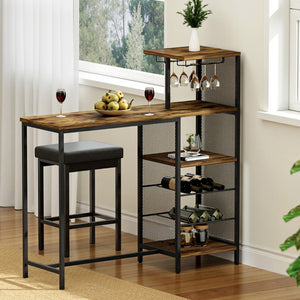 Artiss Bar Table | Industrial | Wine Rack + Cup Holder | Multi-Level Storage | 122cm | Walnut