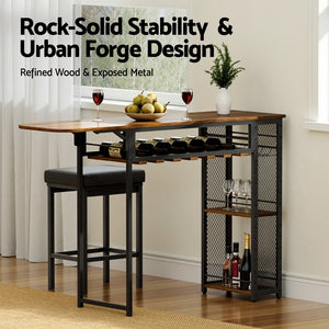 Artiss Bar Table | Industrial | Wine Rack + Cup Holder | Extendable | 140cm
