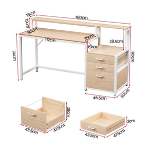 Office Study Desk | 160cm | Drawers + Open Shelf | Oak Finish
