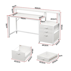 Home Office Desk | 160cm | Storage Drawers + Open Shelf | White