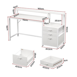 Home Office Desk | 160cm | Storage Drawers + Open Shelf | White