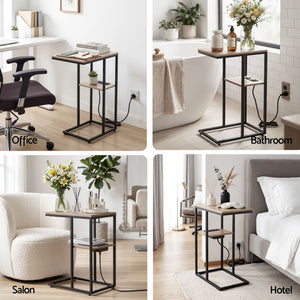 C-Shaped End Table | 2-Tier Side Table with Charging Station | Wood Look